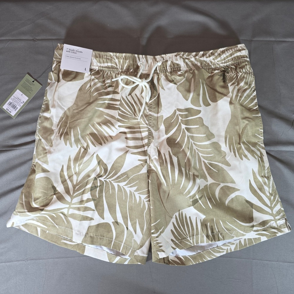 Goodfellow & Co Mens 7" Swim Trunks Green Leaf Palm Print White L NWT